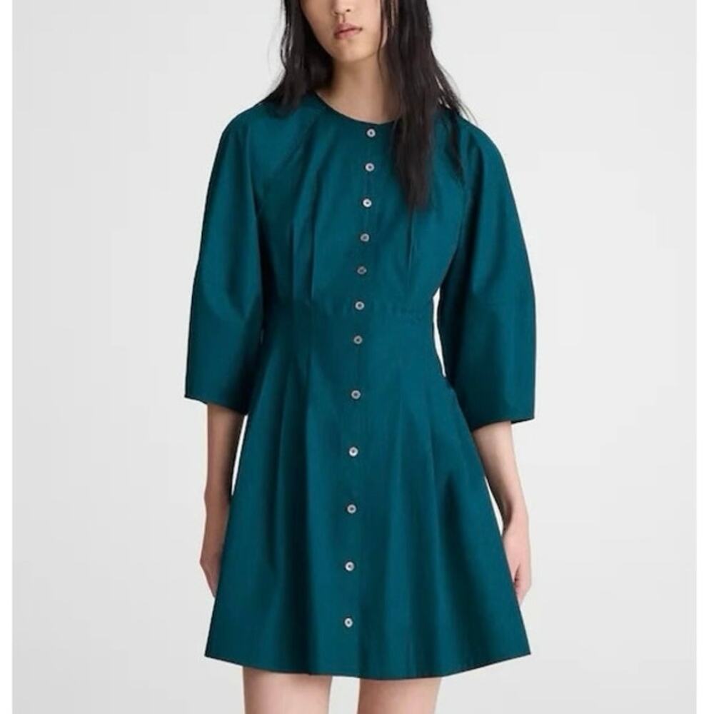 NWT Madewell Scuptural-Sleeve Pleated Poplin Mini Dress Midnight Spruce Size 00